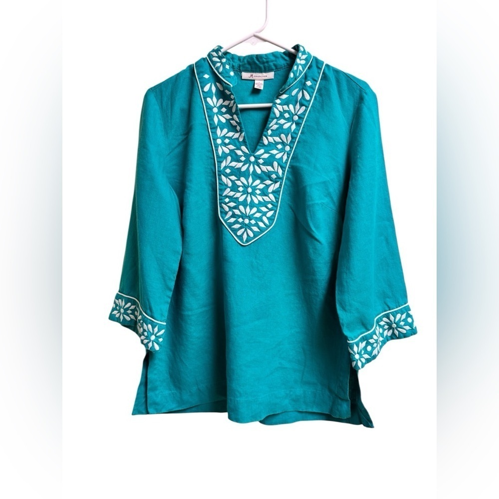 JM Collection Teal Embroidered Linen Tunic Top | 100% Linen | Women’s Size 4